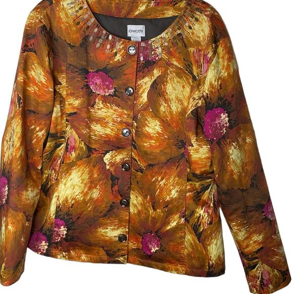 Chicos Womens Medium 2 Jacket Orange Flower Embellished Neckline Button Front - Picture 2 of 12